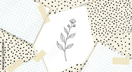 Creative collage background with a hand-drawn botanical illustration on white paper, layered over grid paper and dotted pattern sheets.