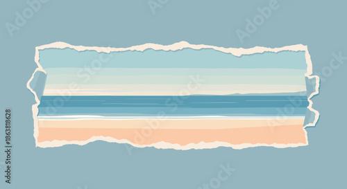 Serene beach and ocean landscape viewed through a torn paper hole effect, creating a frame with a calm, minimalist vector illustration.