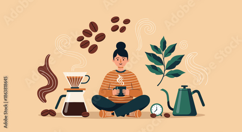 Woman enjoying a freshly brewed cup of coffee surrounded by pour-over equipment, beans, and coffee plant leaves.