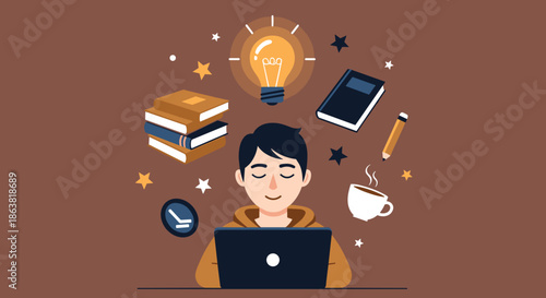 Concept of online learning and creative thinking, showing a person with a laptop surrounded by icons of books, ideas, and coffee.