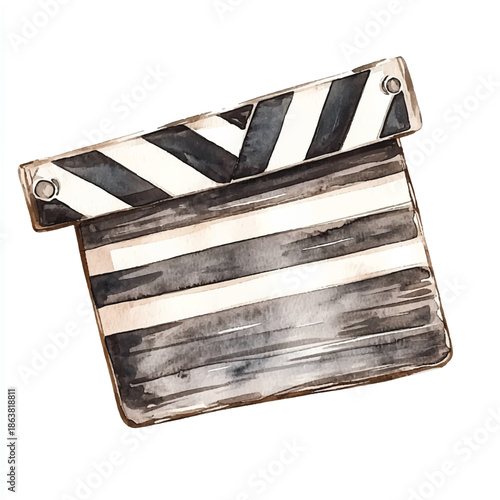 Watercolor illustration of a classic movie clapperboard with black and white stripes.