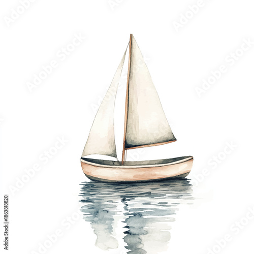 Watercolor illustration of a classic sailboat with reflection.
