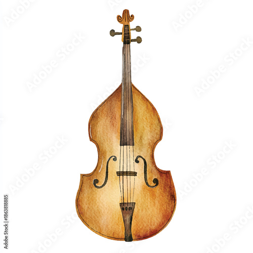 Watercolor illustration of a classic upright bass musical instrument.