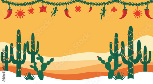 Unique desert Christmas background with saguaro and prickly pear cacti decorated with holiday lights, under a festive chili pepper garland.