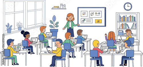 Diverse group of elementary school students attentively participating in a modern classroom technology lesson led by a smiling female teacher.