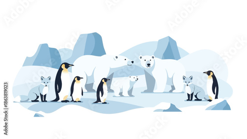 Charming flat illustration collection features various arctic and antarctic animals including polar bears penguins and arctic foxes on an icy landscape