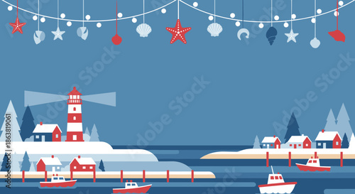 Winter coastal scene at Christmas with a lighthouse, snowy houses, and fishing boats, under a garland of shells and starfish ornaments.