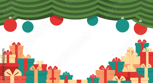 Festive Christmas background with a border of colorful wrapped gift boxes and presents, under a green garland with holiday ornaments.