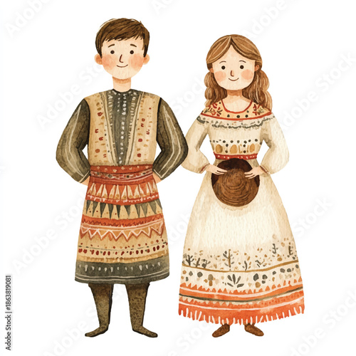 Watercolor illustration of a couple in traditional folk costumes.