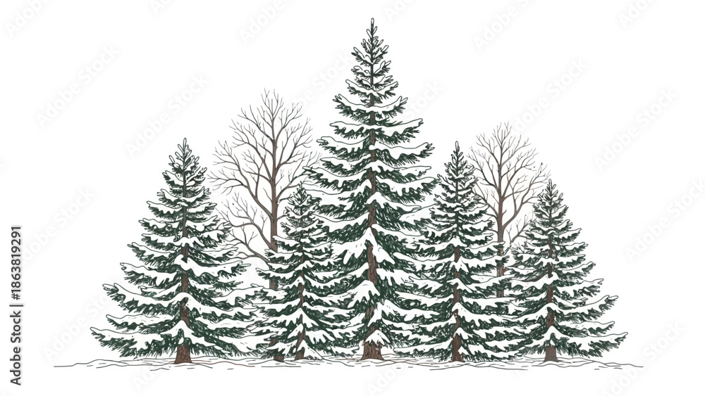 Obraz premium Snow Covered Evergreen Trees Winter Landscape.
