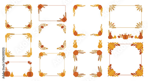 Collection of autumn and Thanksgiving themed frames, corners, and borders decorated with pumpkins, wheat stalks, and colorful fall leaves.