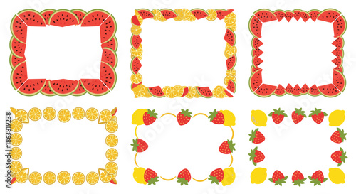 Set of vibrant and fresh summer fruit frames and borders, featuring patterns of sliced watermelon, lemon, and whole strawberries.