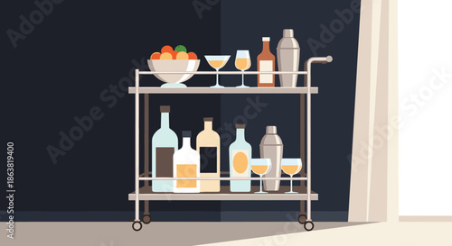 Stylish bar cart with a variety of alcoholic beverages, cocktail shakers, glassware, and a bowl of fruit, ready for a home party.