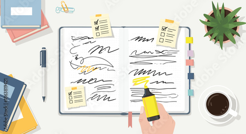 Top-down view of a desk with an open bullet journal, where a hand uses a highlighter to mark text, surrounded by coffee and stationery.