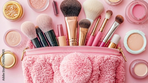 Vibrant and Soft Pink Makeup Bag Filled with Brushes and Cosmetic Products on a Light Pink Background