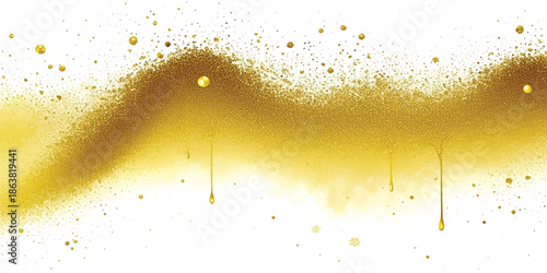Abstract Luminous Gold Dust Curve & Shimmering Particle Arc with Elegant Swathe of Sparkling Golden Glitter on White. Ideal for Luxury Branding, Festive Events & High-End Digital Art.