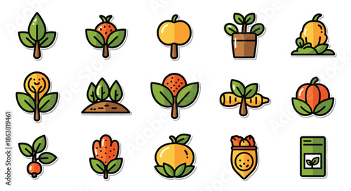 Set of colorful sticker icons showing various stages of plant growth, from seeds and sprouts to mature vegetables, fruits, and flowers.