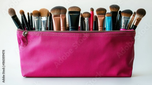 Colorful Makeup Brush Bag with Various Brushes and Cosmetics on White Background