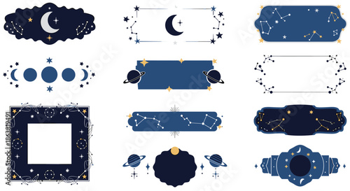 Collection of magical celestial frames and labels with moons, stars, constellations, and planets in a dark blue palette.