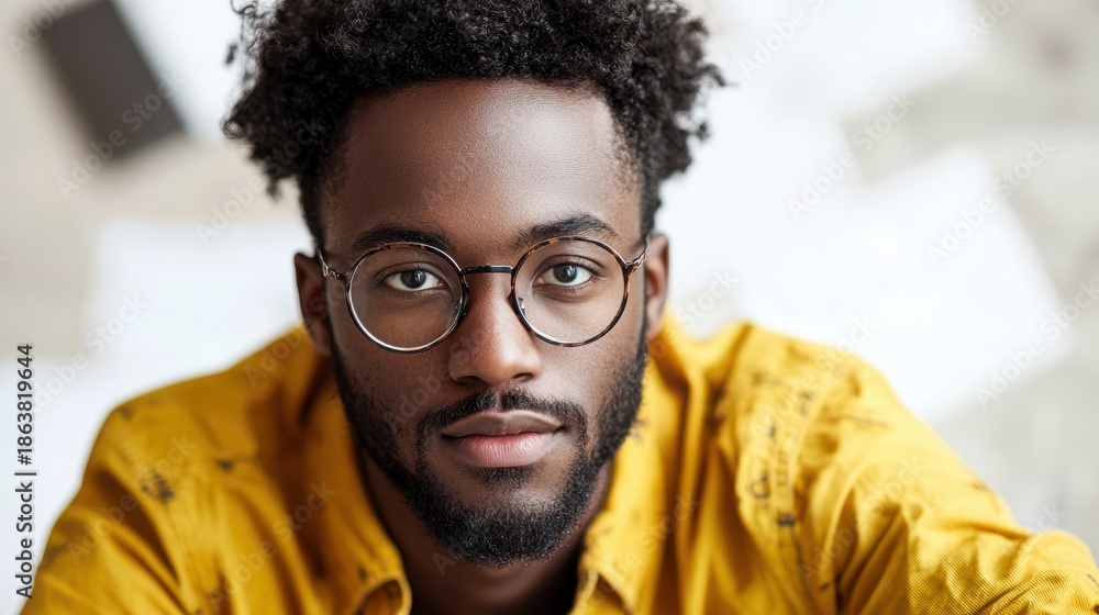 Fototapeta premium Portrait of a young man with glasses showcasing confidence and style against a blurred background of papers and documents