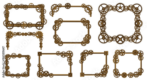 Collection of steampunk-style frames and borders made from intricate bronze and brass gears, cogs, and mechanical parts on a white background.