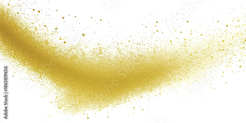 Abstract Luminous Gold Dust Curve & Shimmering Particle Arc with Elegant Swathe of Sparkling Golden Glitter on White. Ideal for Luxury Branding, Festive Events & High-End Digital Art.