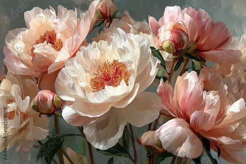 Large, elegant peonies in soft, pastel colors, with delicate pink and cream petals paired with loose, freehand brushstrokes and ample negative space, embody a gentle and light botanical art style.