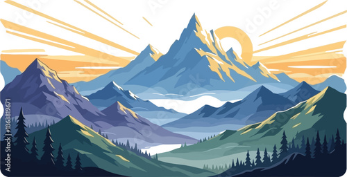 Majestic stylized mountain range vista with sun rays bursting over sharp peaks above a misty forested valley illustration