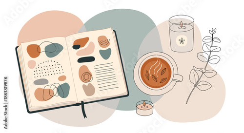 Cozy and aesthetic flat lay with an open journal, a cup of herbal tea, candles, and eucalyptus on a soft background.