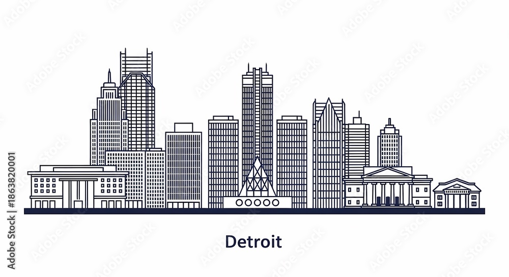 Fototapeta premium Detroit city skyline urban landscape illustration.