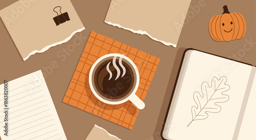 Cozy autumn-themed flat lay with a cup of hot coffee, a journal with an oak leaf drawing, and scattered torn paper notes.