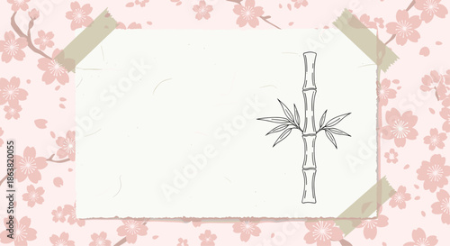 Japanese-themed background with a line drawing of bamboo on washi paper, set against a pink cherry blossom pattern.