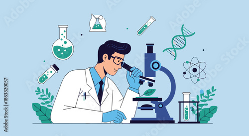 Male scientist in a lab coat looking through a microscope, surrounded by scientific equipment like beakers and DNA strands.