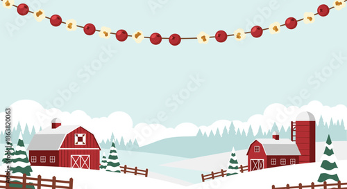 Charming winter farm scene with red barns in a snowy landscape under a festive popcorn and cranberry garland.