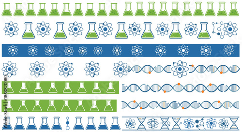 Collection of science-themed borders and dividers with laboratory beakers, atom symbols, and DNA helixes for educational designs.