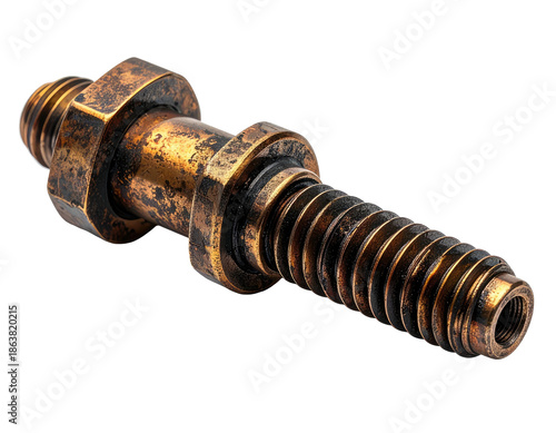 Close-up of a tarnished bronze bolt with nuts, isolated on black