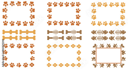 Collection of cute pet-themed frames and dividers featuring brown paw prints, bones, and fish skeletons for animal lovers.