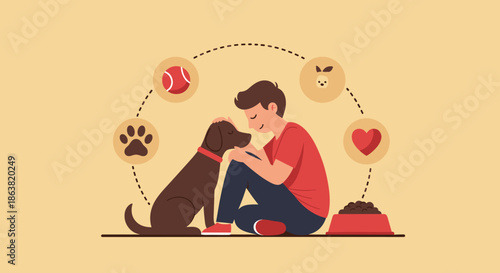 Young boy lovingly petting his dog, surrounded by icons representing pet care and friendship like a ball, food, and a heart.