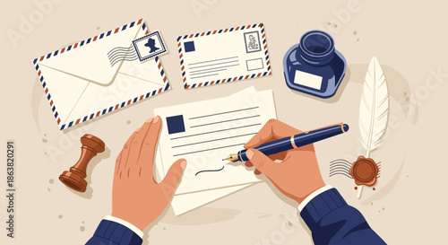 Top-down view of hands writing a letter with a fountain pen, surrounded by vintage postal items like envelopes and a wax seal.