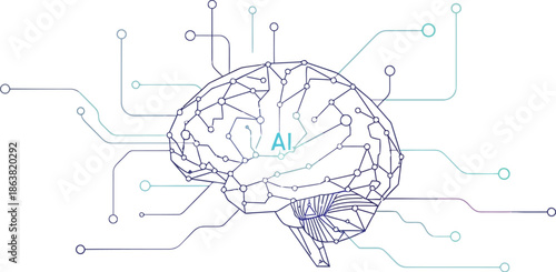 Abstract line art illustration of a stylized human brain structure interconnected with digital circuits representing artificial intelligence and neural network technology concepts.