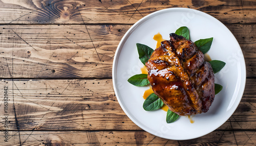 Gourmet Glazed Pork Chop Served with Fresh Mint and Orange Slices on a White Plate Above a Rustic Wooden Tabletop Featuring Warm Natural Lighting and a Shallow Depth of Field