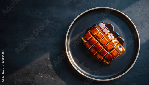 Glistening Glazed Pork Belly Square Served on a Dark Ceramic Plate with Rich Brown Sauce and Dramatic Lighting from the Left Side Highlights the Crispy Skin and Cubed Meat