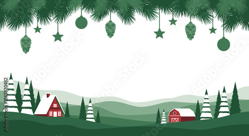 Serene winter landscape with a red country house and barn in a snowy, green-toned forest under a fir branch garland.