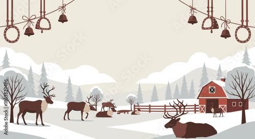 Peaceful winter scene of a reindeer farm with a red barn in a snowy landscape under a border of festive sleigh bells.