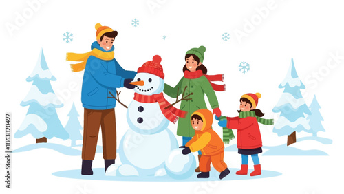 Happy family working together to build a cheerful traditional snowman outside during a snowy winter holiday activity in the forest