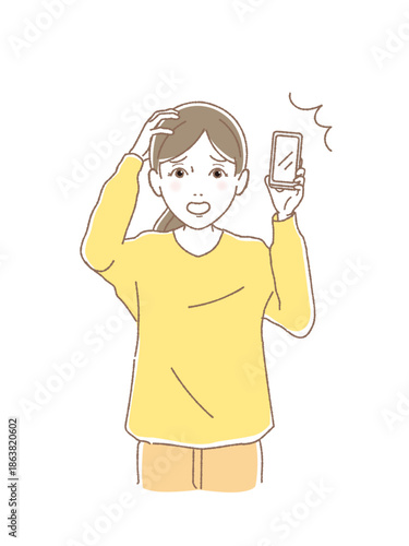 スマートフォンを持って頭を抱える女性、投資の暴落やネット詐欺に慌てるイラスト