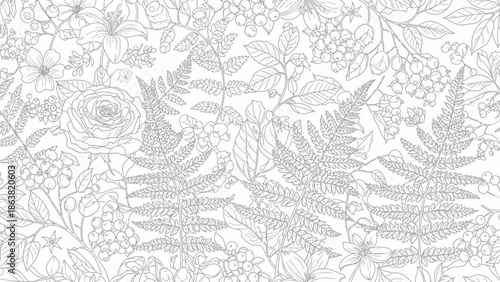 Intricate Floral Pattern with Leaves and Flowers.