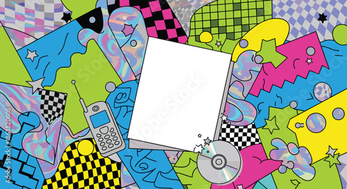 Vibrant and chaotic 90s retro-style background with neon colors, a CD, an old cell phone, and a blank frame for text.