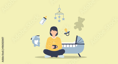 Calm mother enjoying a cup of coffee while surrounded by floating baby care icons like a crib, bottle, and pacifier.