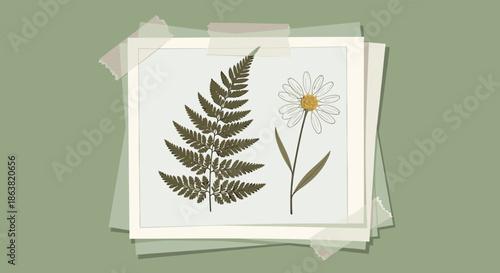 Vintage-style composition of a photograph showing pressed dried flowers, specifically a fern leaf and a daisy, taped to paper.